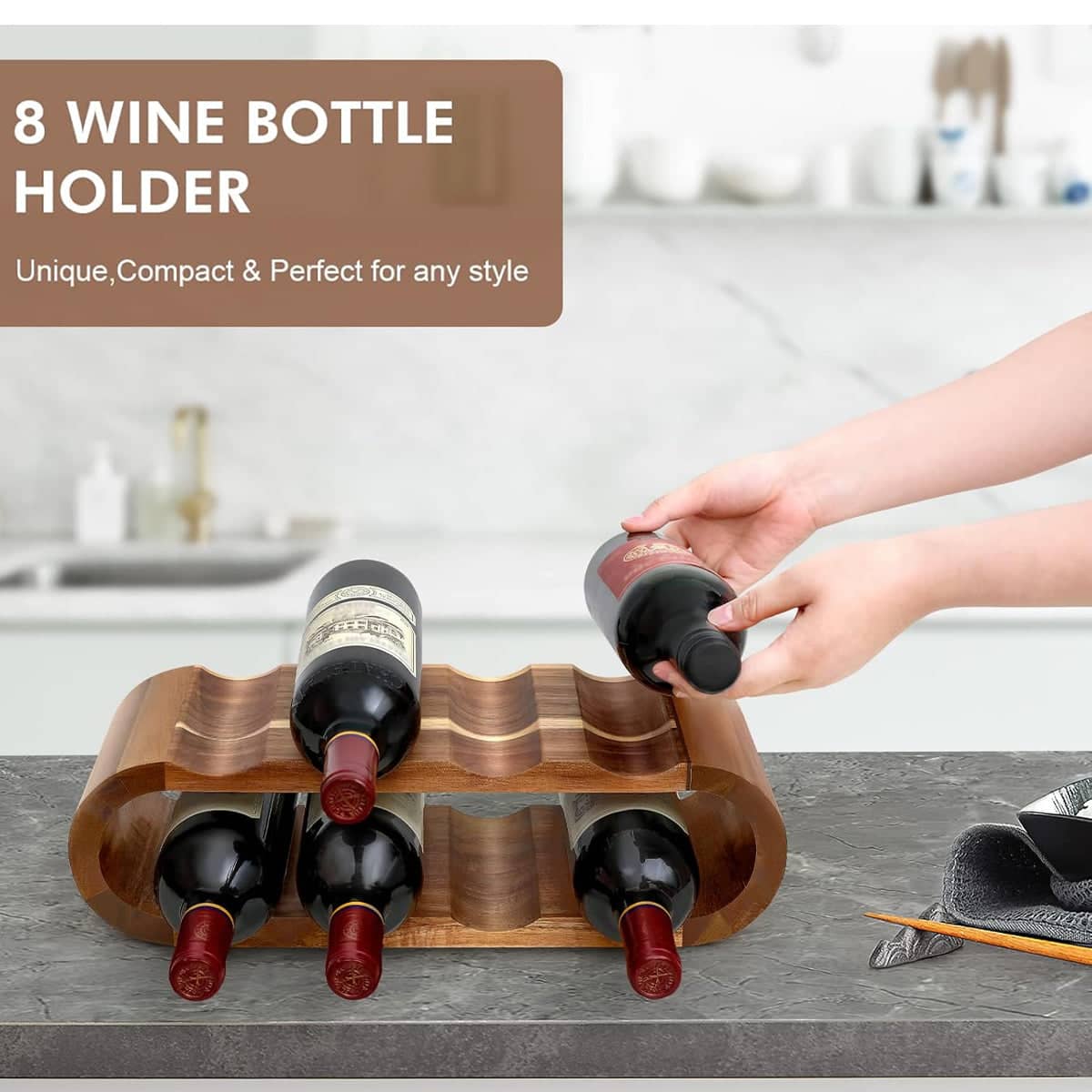 Double Layer Wooden Wine Rack for 8 Bottles, Bar and Kitchen Display Stand - view 5