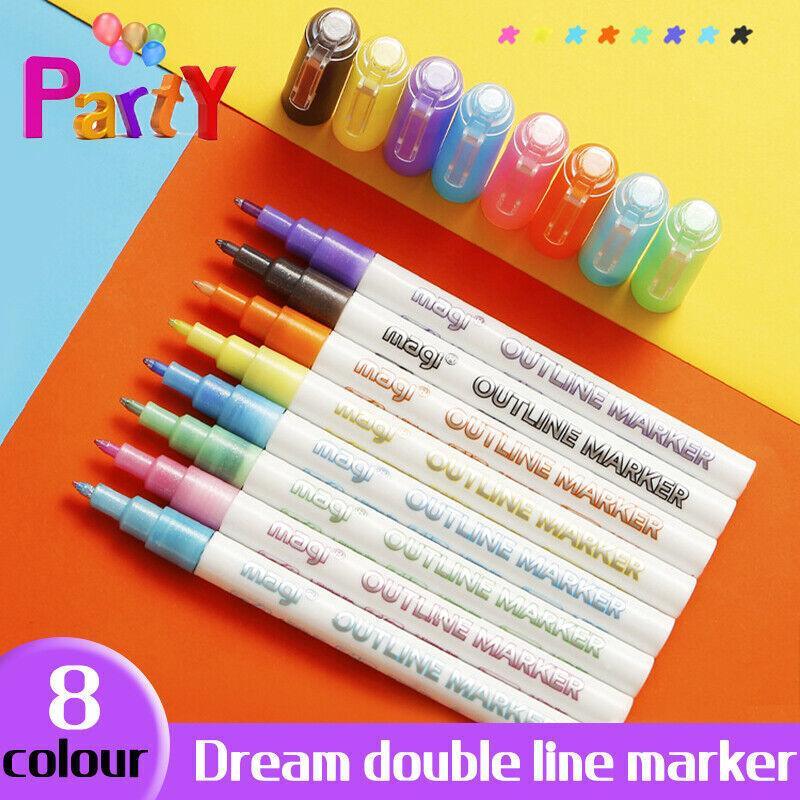 Double Line Outline Marker Pens, Metallic - 8 Colour Set
