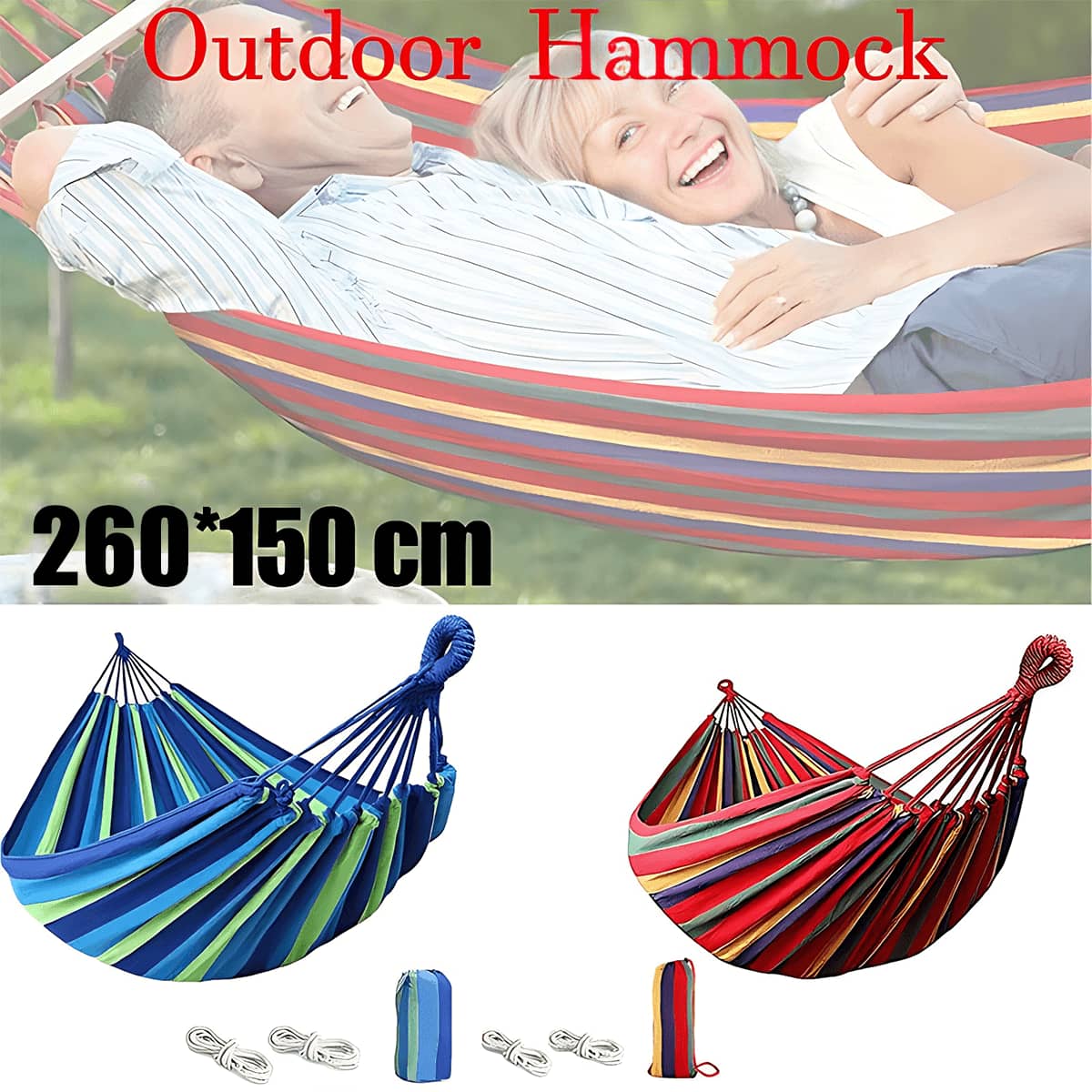 Double Outdoor Hammock with Straps for Camping, 260 x 150 cm - Red - view 2