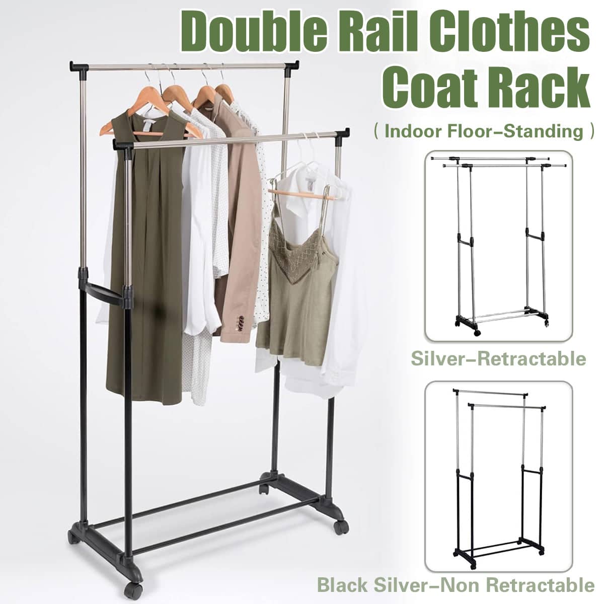 Double Rail Clothes Drying Rack with Wheels, Stainless Steel - Retractable - view 2