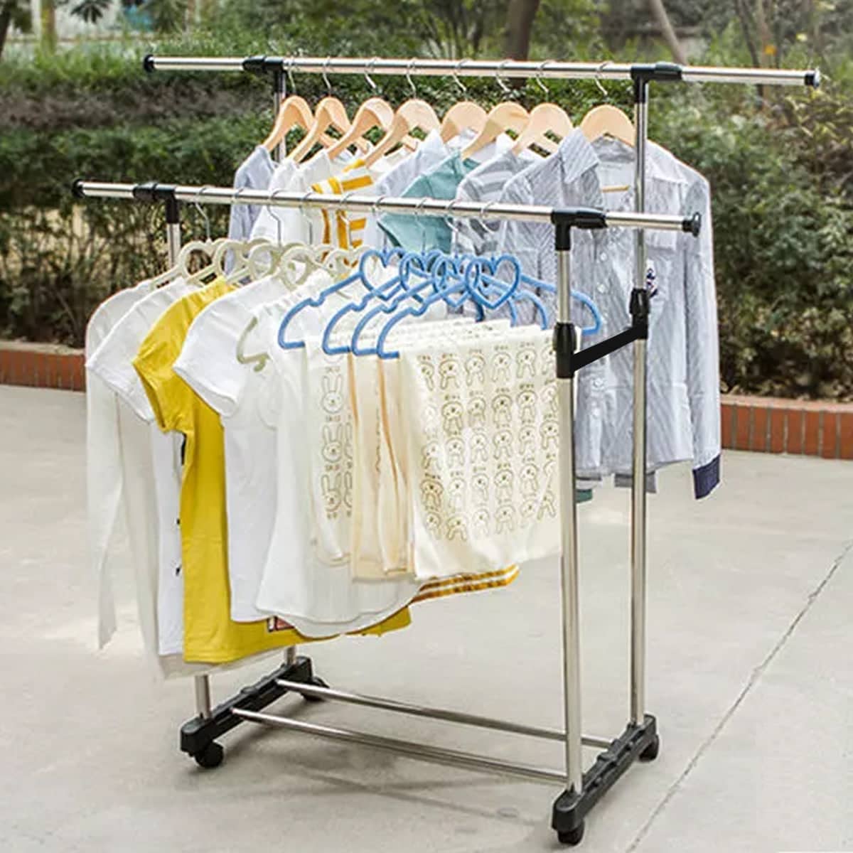 Double Rail Clothes Drying Rack with Wheels, Stainless Steel - Retractable - view 5