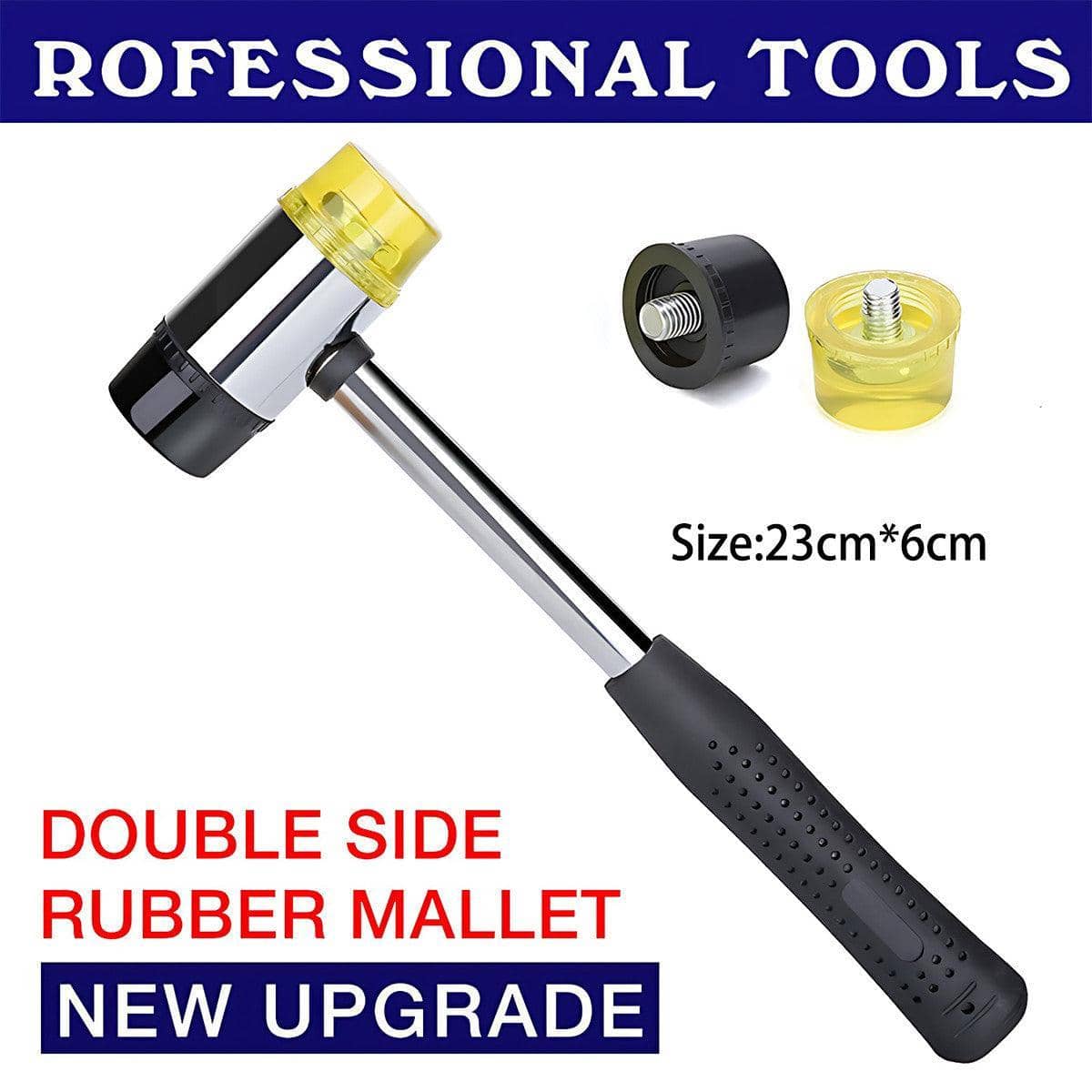 Double Sided Soft Face Rubber Mallet Hammer - Black and Clear Yellow, 23 x 6 cm