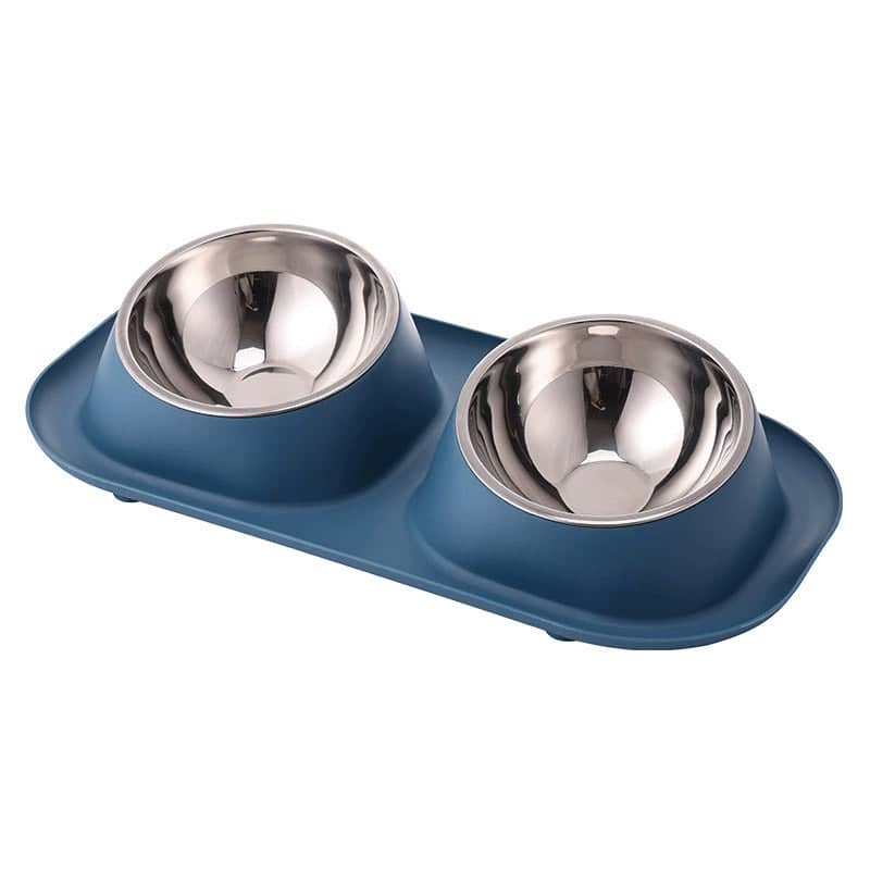 Double Stainless Steel Cat and Dog Bowls with Raised Non-Slip Base - Blue