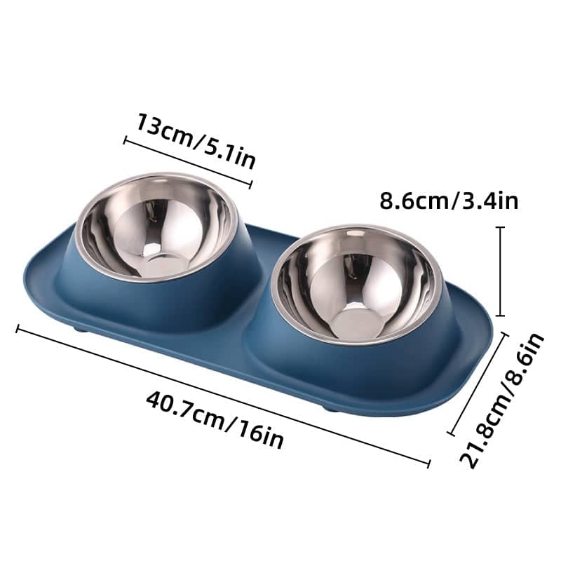 Double Stainless Steel Cat and Dog Bowls with Raised Non-Slip Base - Blue - view 4
