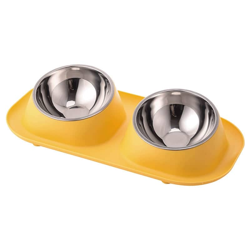 Double Stainless Steel Cat and Dog Bowls with Raised Non-Slip Base - Yellow