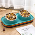 Double Stainless Steel Cat and Dog Bowls with Raised Non-Slip Base - Yellow - view 5