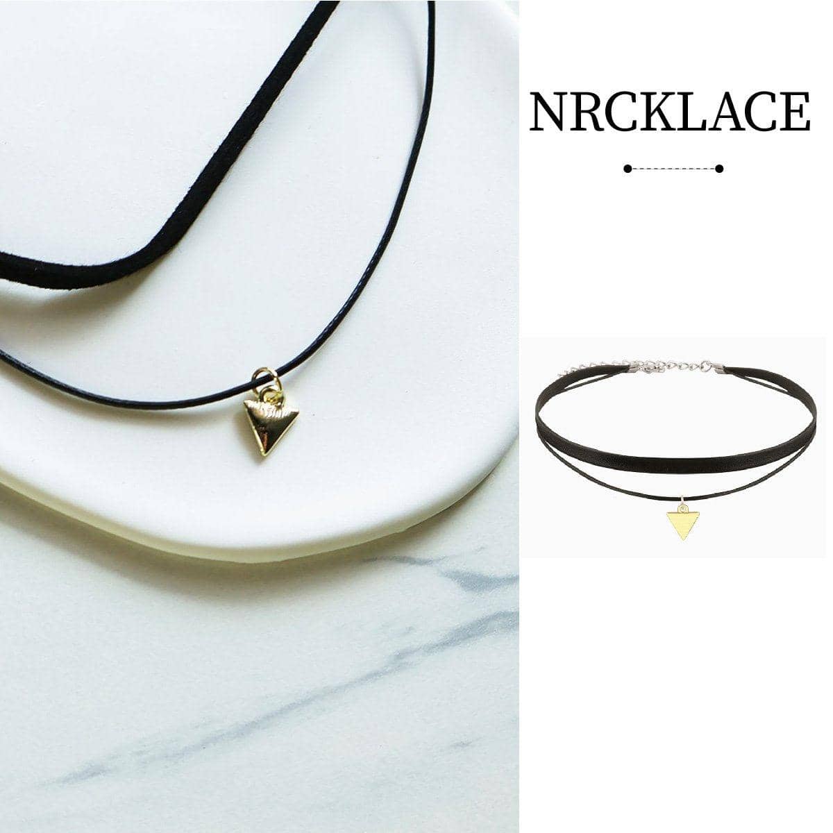 Double Triangle Pendant Necklace with Black Leather Rope
