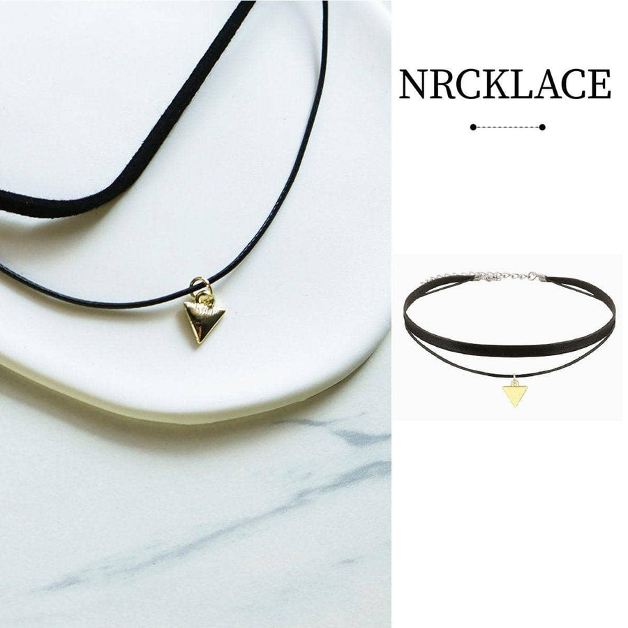 Double Triangle Pendant Necklace with Black Leather Rope