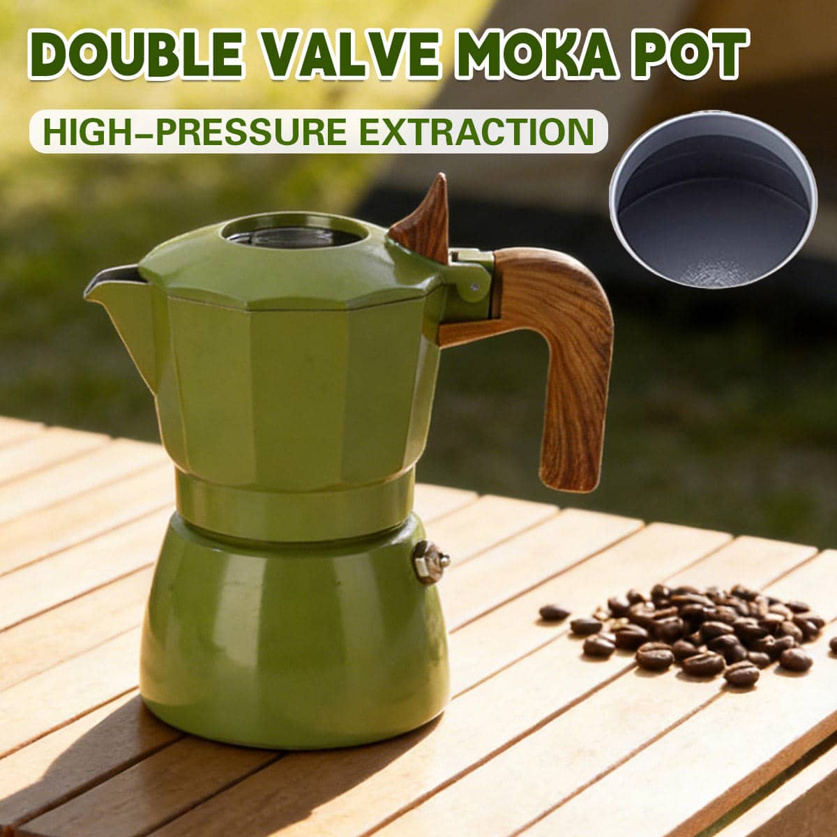 Double Valve Moka Pot Italian Espresso Maker Aluminium Green Wood Handle