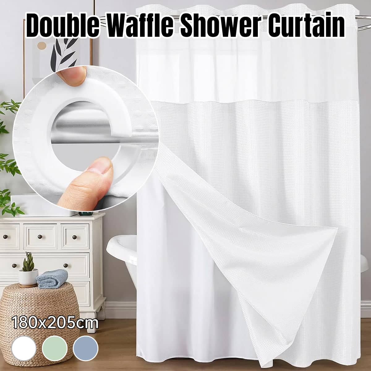Double Waffle Waterproof Shower Curtain, Mildew Resistant - Green - view 2