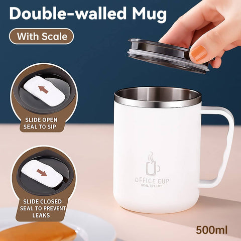 Double Walled Stainless Steel Insulated Mug 500 ml, Leak and Spill Proof for Hot and Cold Drinks