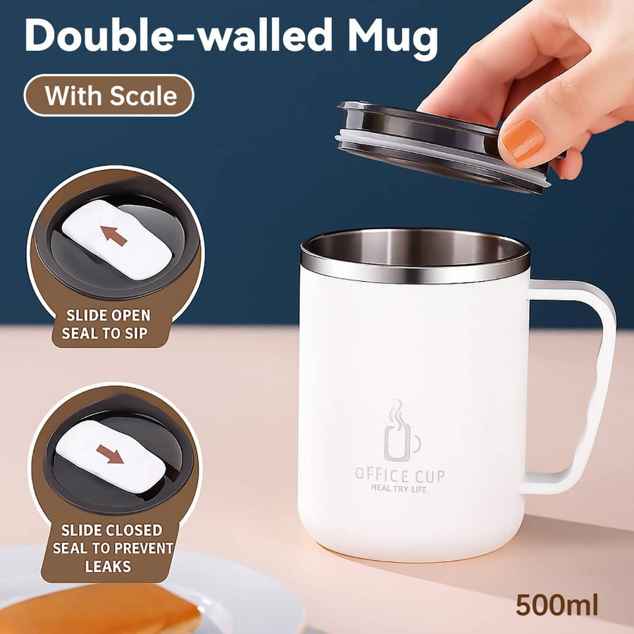 Double Walled Stainless Steel Insulated Mug 500 ml, Leak and Spill Proof for Hot and Cold Drinks