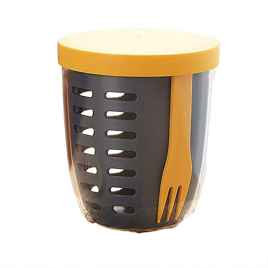 Drainable Fruit Cup with Lid and Fork, Leak-Proof - Dark Grey and Yellow
