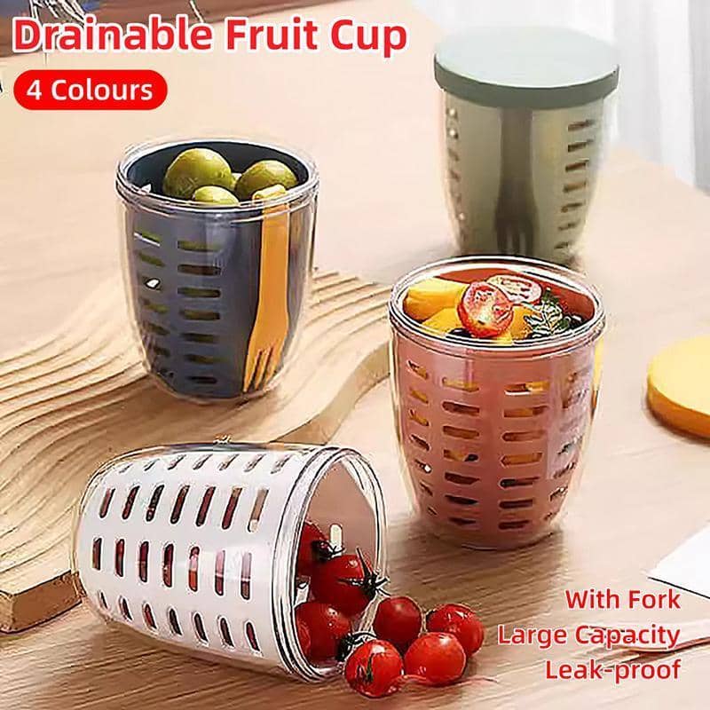 Drainable Fruit Cup with Lid and Fork, Leak-Proof - Dark Grey and Yellow - view 2