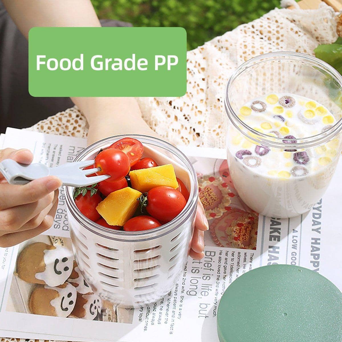Drainable Fruit Cup with Lid and Fork, Leak-Proof - Green - view 5