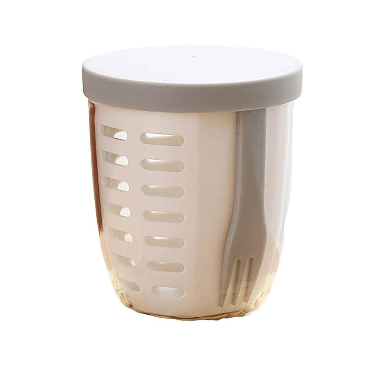 Drainable Fruit Cup with Lid and Fork, Leak-Proof - White and Grey