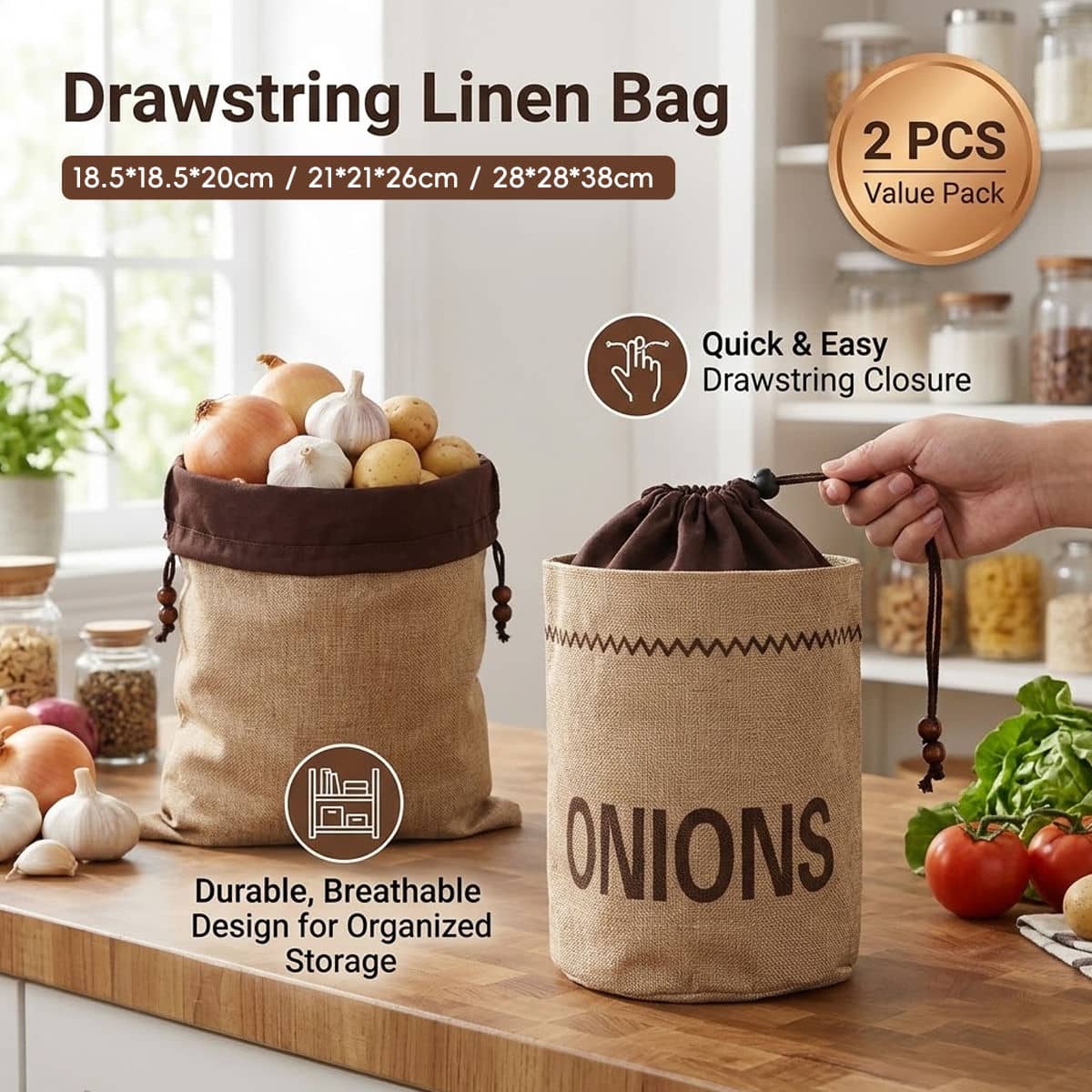 Drawstring Jute Style Produce Storage Bags - Garlic Label, Pack of 2 - view 2