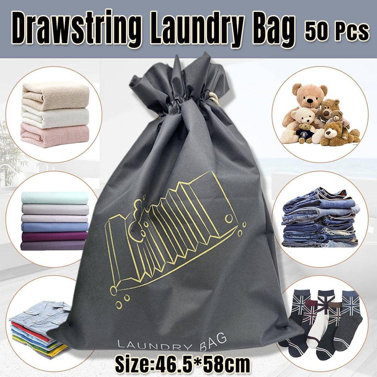Drawstring Laundry Bags, Pack of 50 - Grey, 46.5 x 58cm