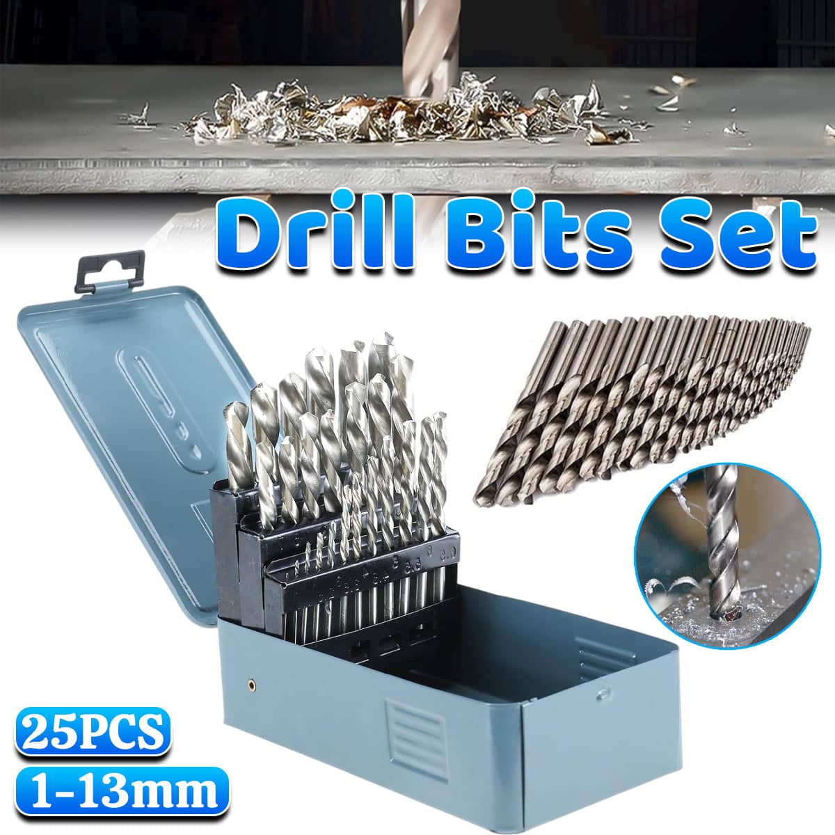 Drill Bit Set Metric HSS Twist Drill Bits Set of 25 with Metal Case, 1 to 13 mm