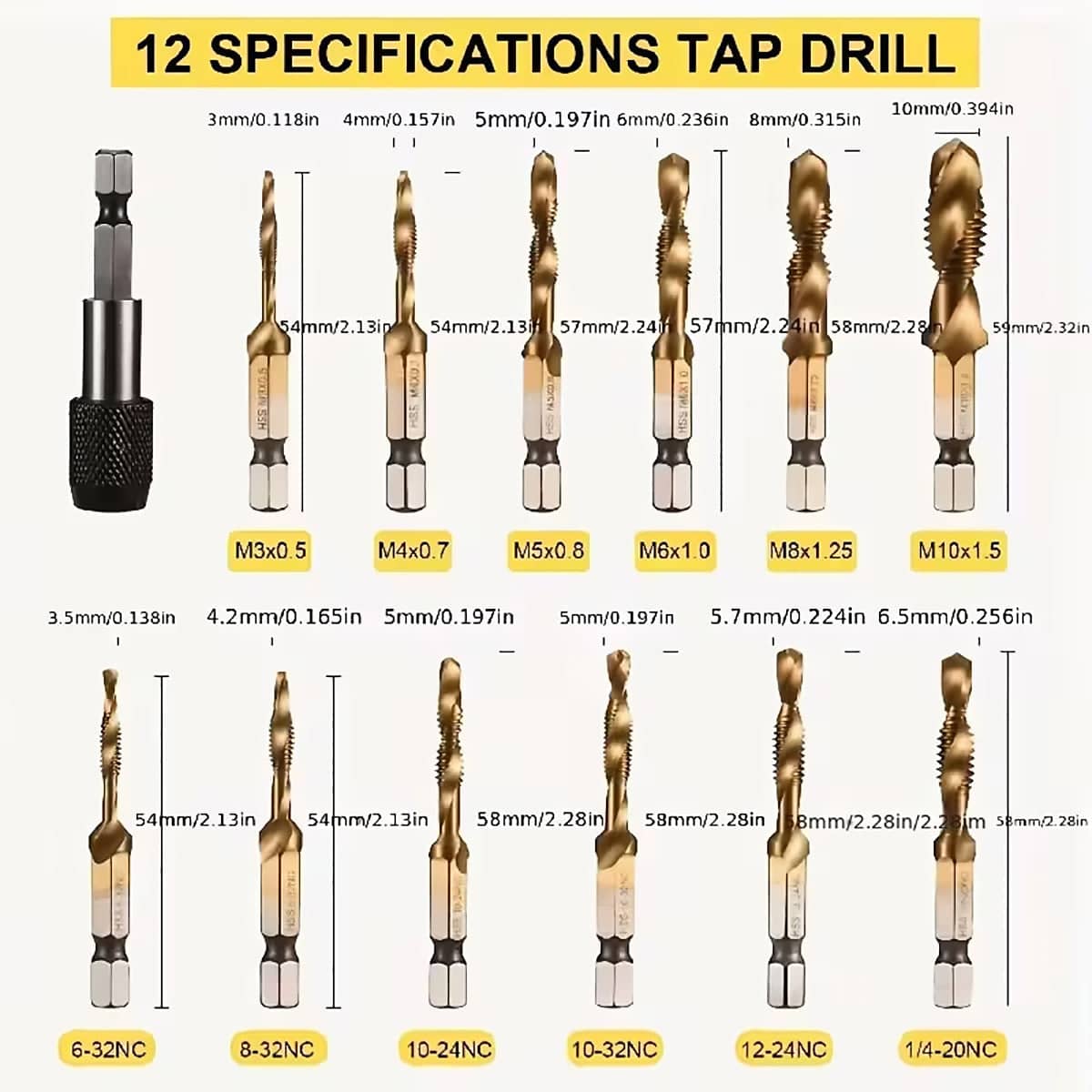 Drill Tap Bit Set of 13 Pieces with Hex Shank, Metric and SAE Threading Kit and Case - view 3
