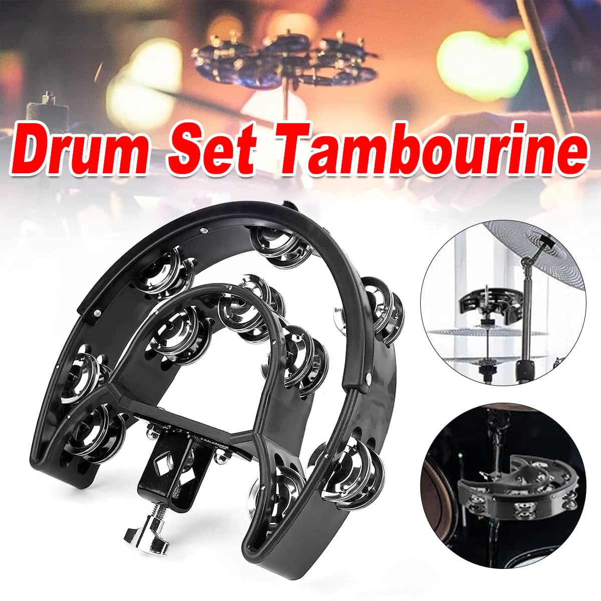 Drum Set Tambourine with Double Row Jingles and Adjustable Clamp