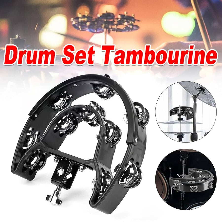 Drum Set Tambourine with Double Row Jingles and Adjustable Clamp