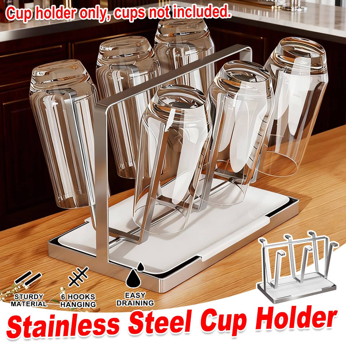 Drying Stainless Steel Cup Holder with 6 Hooks for Mugs, Glasses and Bottles