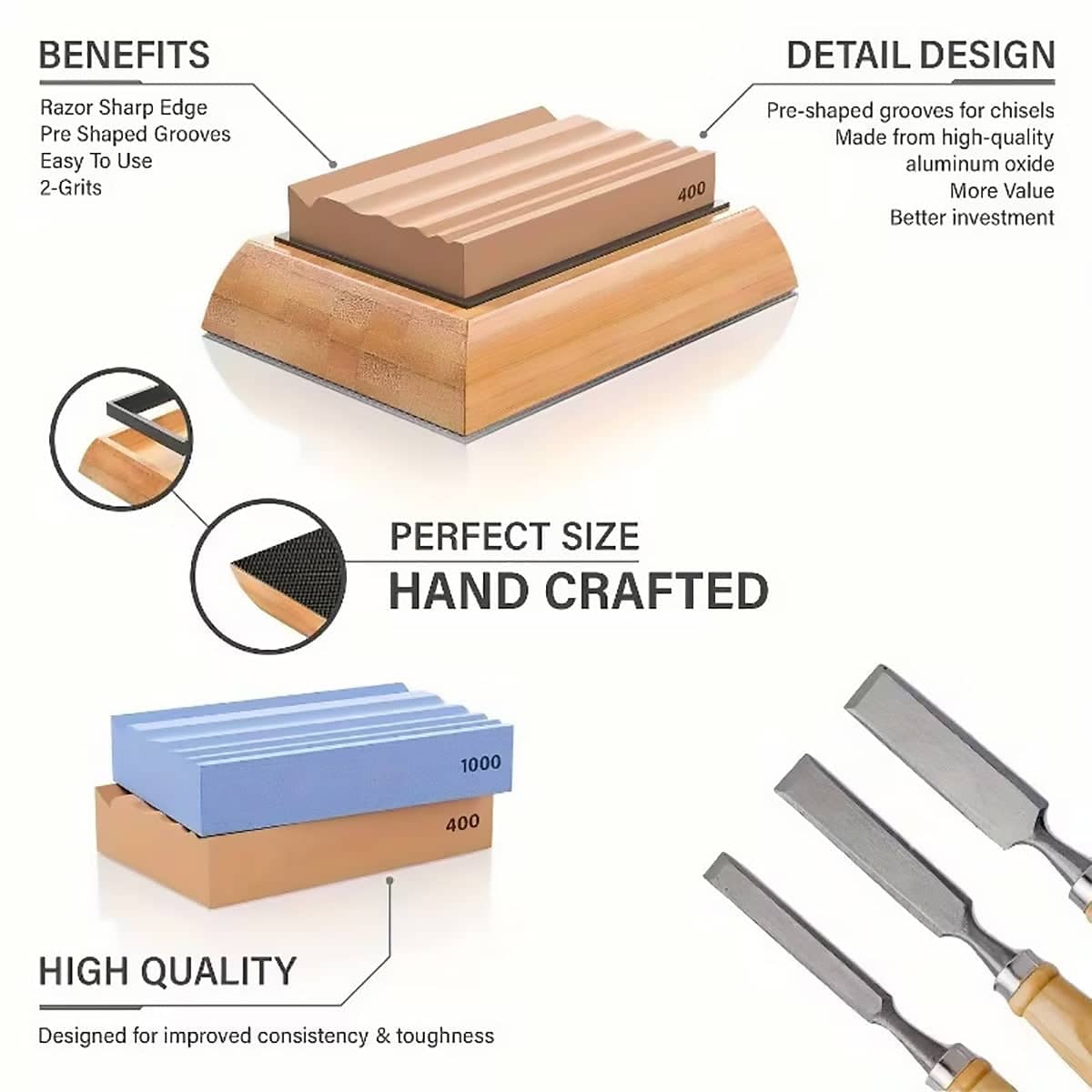 Dual Grit Woodworking Whetstone Sharpening Stone Set, 400 and 1000 Grit with Bamboo Base - view 4