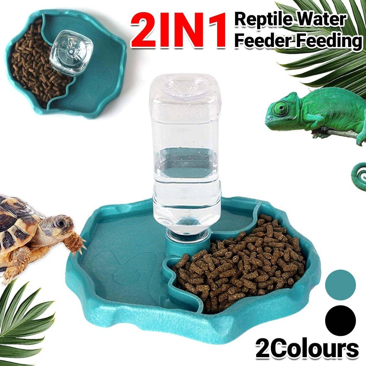 Dual-Purpose Reptile Feeder and Water Bowl with Bottle - Teal - view 2