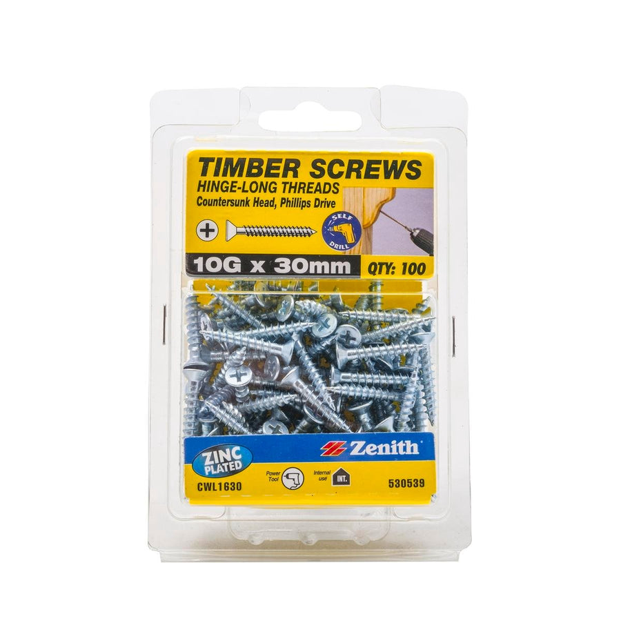 Zenith Hinge Long Thread Screw - 10g x 30mm - 100 Pack - Zinc Plated Countersunk - SuperSaverAU - view 1