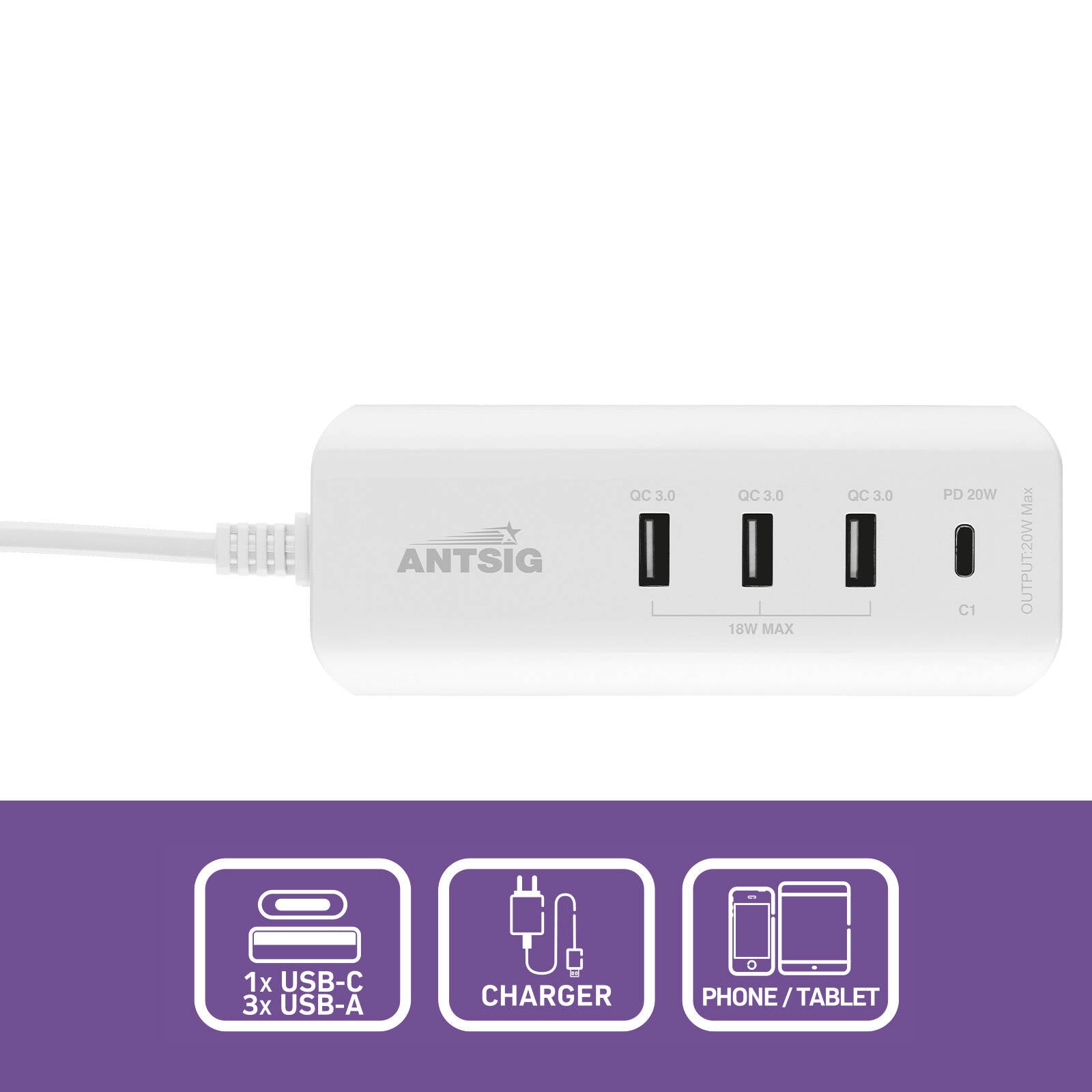 Antsig 20W Compact USB Charger - 3x QC 3.0 USB-A + USB-C PD, Travel Size AP3032B