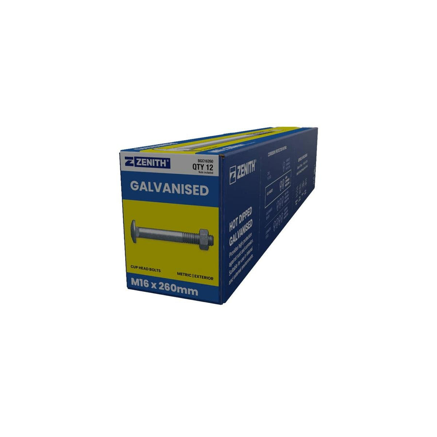 Zenith M16 x 260mm Hot Dip Galvanised Cup Head Bolts And Nuts 12 Pack - SuperSaverAU - view 1