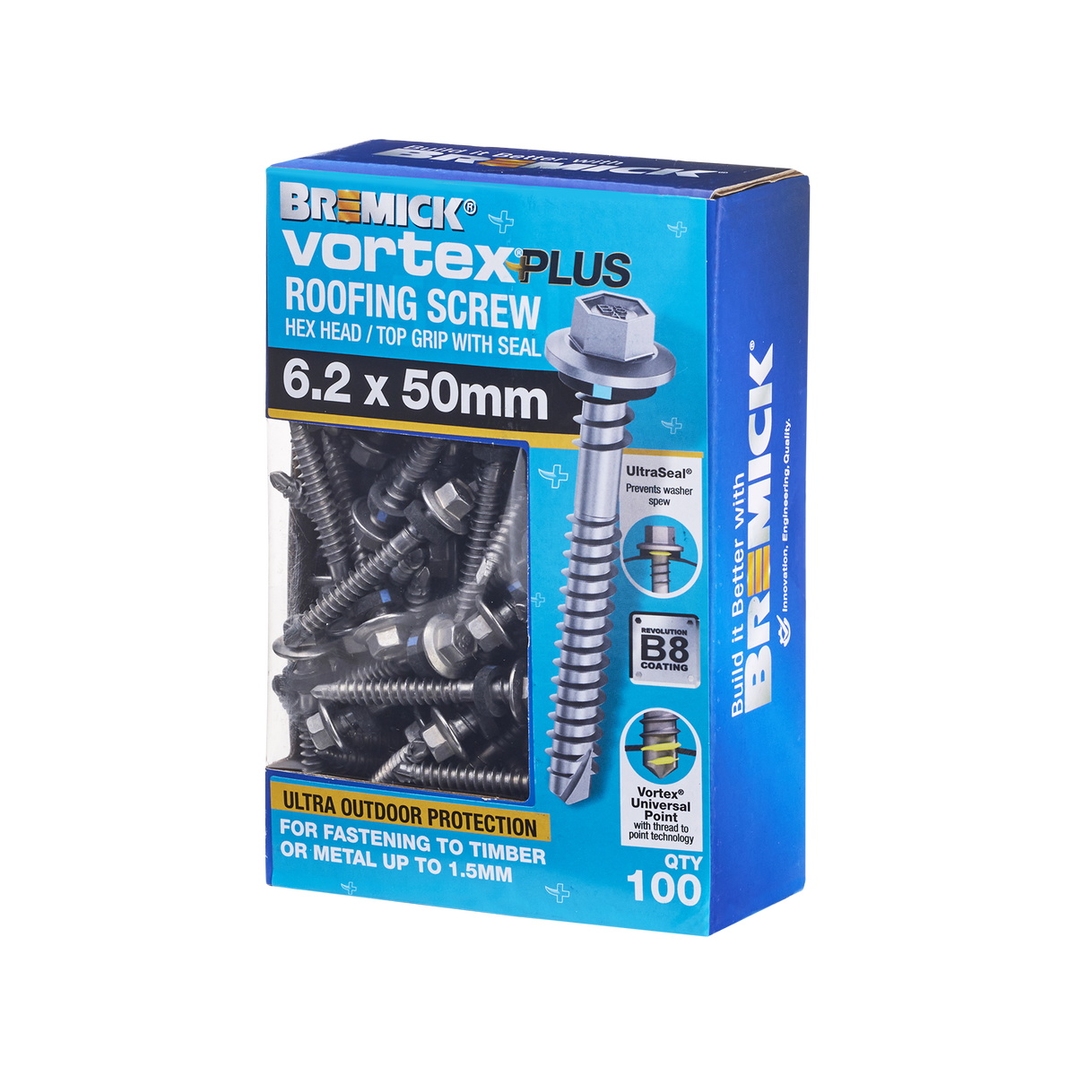 Bremick Vortex Plus Roofing Screw 6.2 x 50mm - 100 Pack - Watertight Seal - SuperSaverAU - view 1