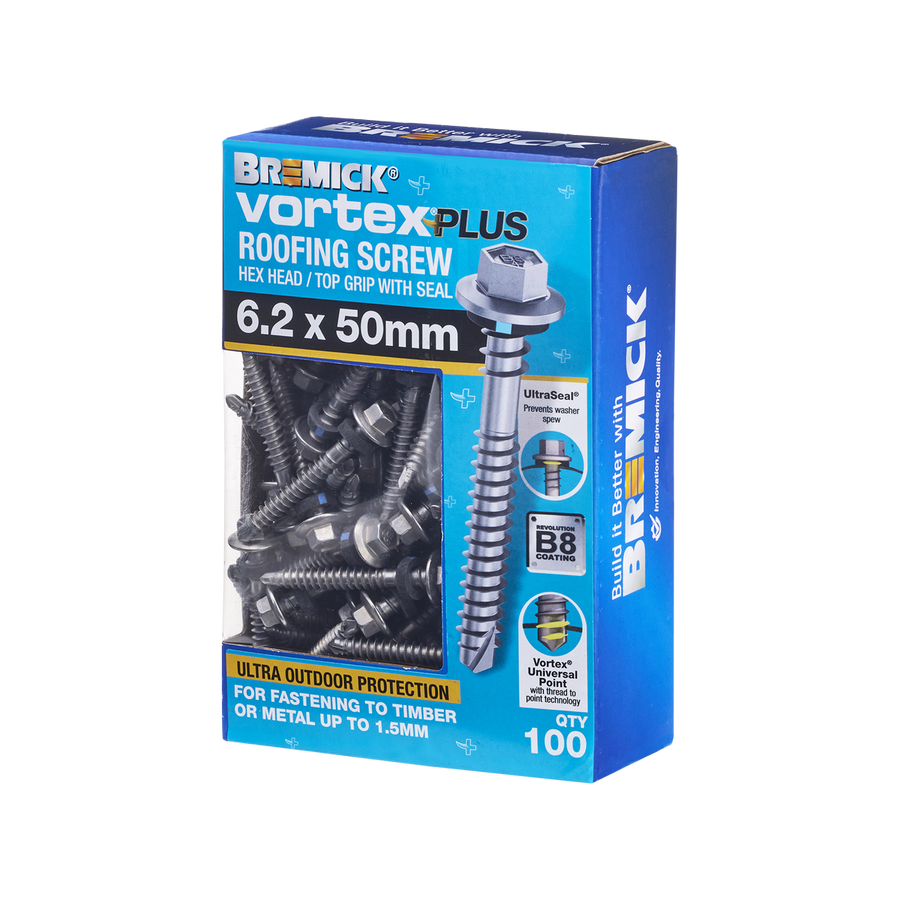 Bremick Vortex Plus Roofing Screw 6.2 x 50mm - 100 Pack - Watertight Seal - SuperSaverAU - view 1