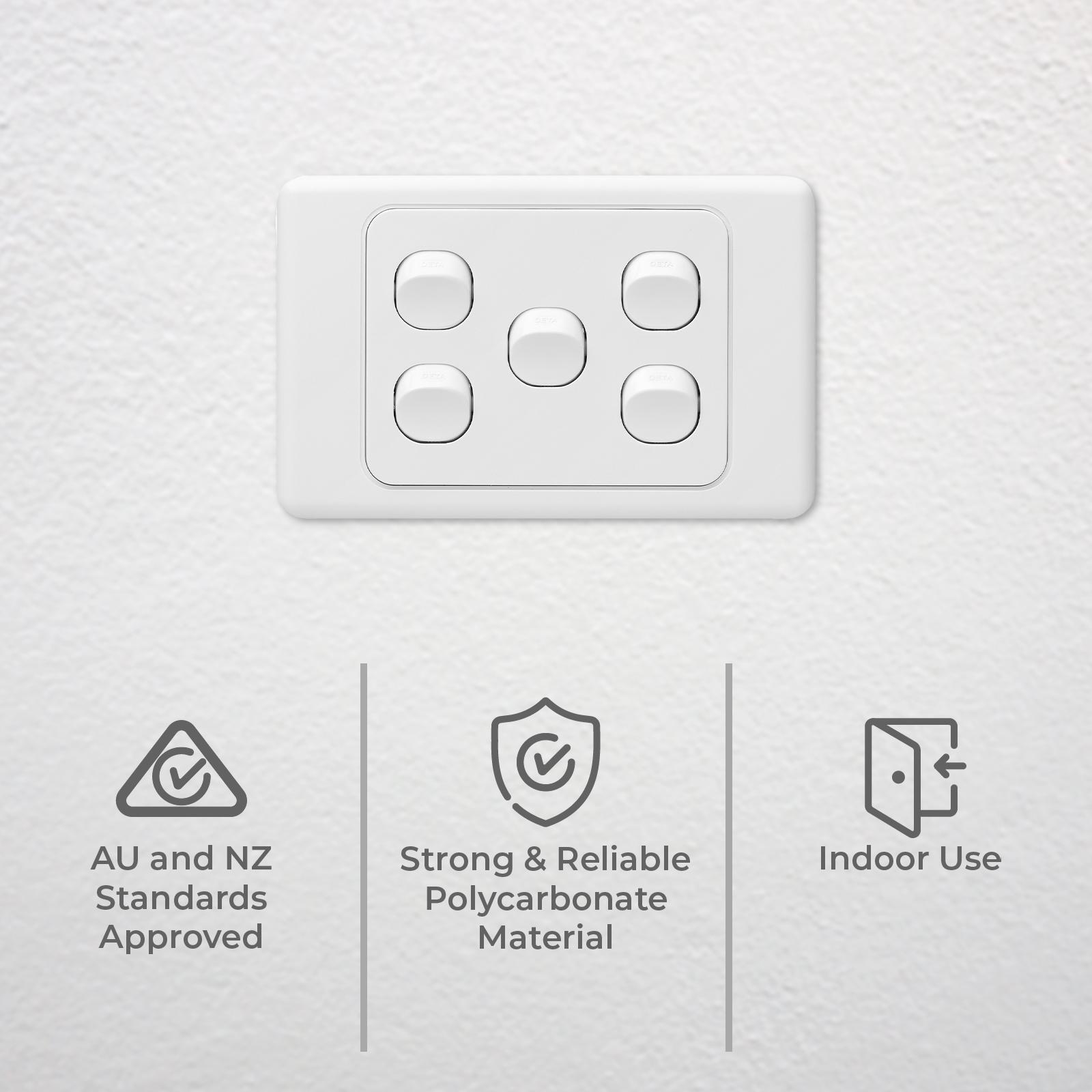 DETA Five Gang Switch 5 Gang 10A 240V White Polycarbonate Indoor 6105B