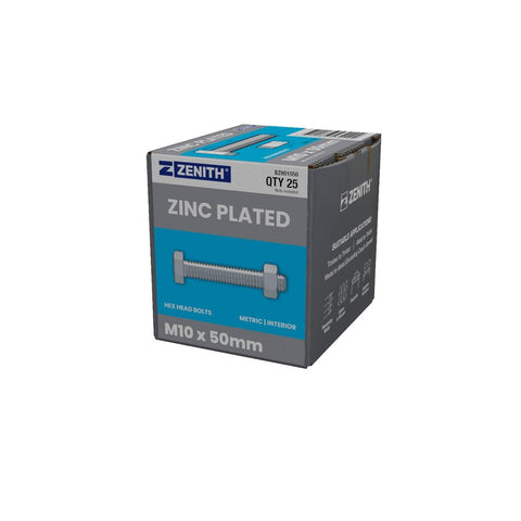 Zenith M10 x 50mm Zinc Plated Hex Head Bolts and Nuts 25 Pack - Durable Fastening Solutions - SuperSaverAU - view 1