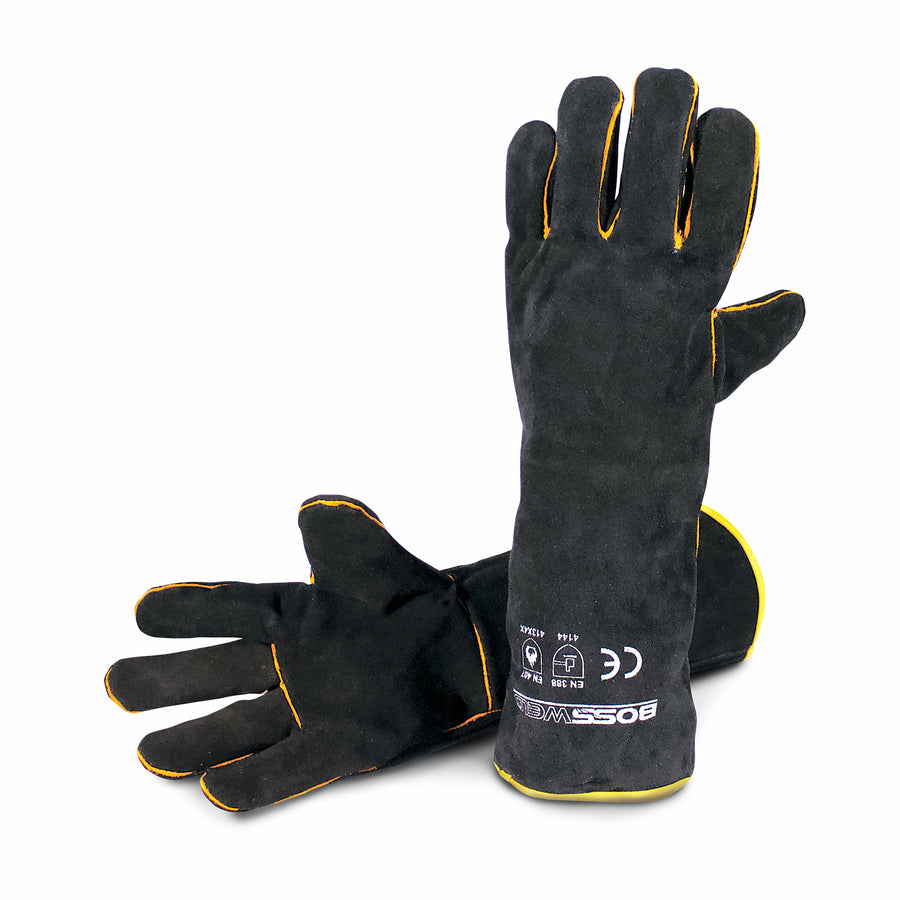 Bossweld 16 Inch Black and Gold Welding Gloves - Lined Split Leather Gauntlet Pair