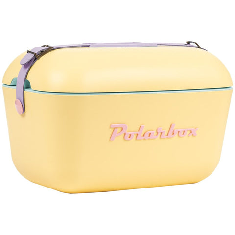 Polarbox Rainbow 20L Cooler - Yellow with Lilac Strap, Rose Logo and Rivet - PLBR20YR