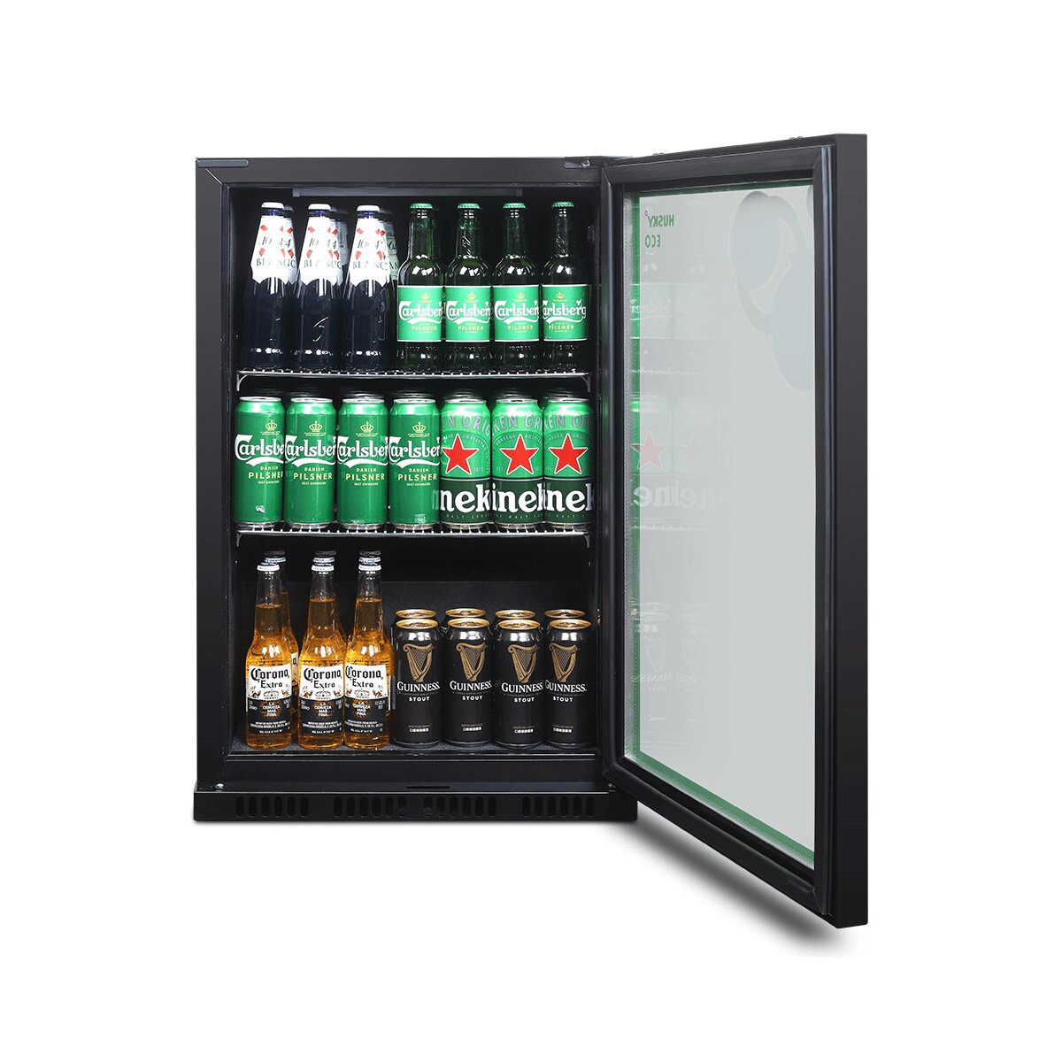 Husky 90L single door homebar drinks chiller - black, glass door, LED eco-lighting - C1HECO840BKAU