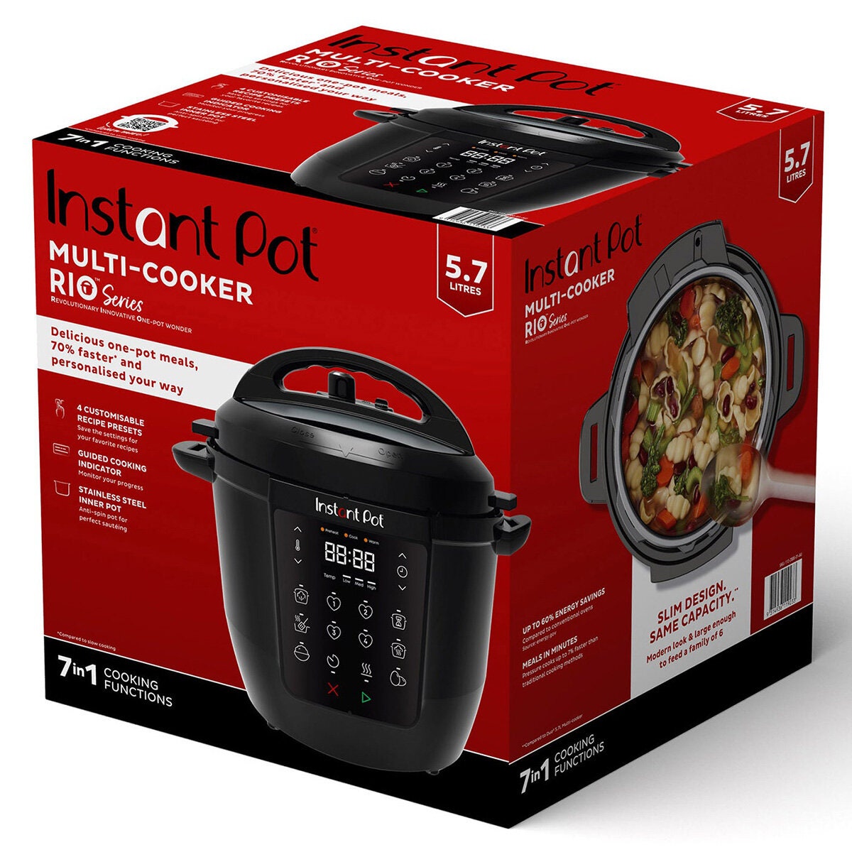 Instant Pot Rio Series 5.7L Multi Cooker - Anti-Spin Stainless Steel Pot, Status Lights, Black - 112200001AU