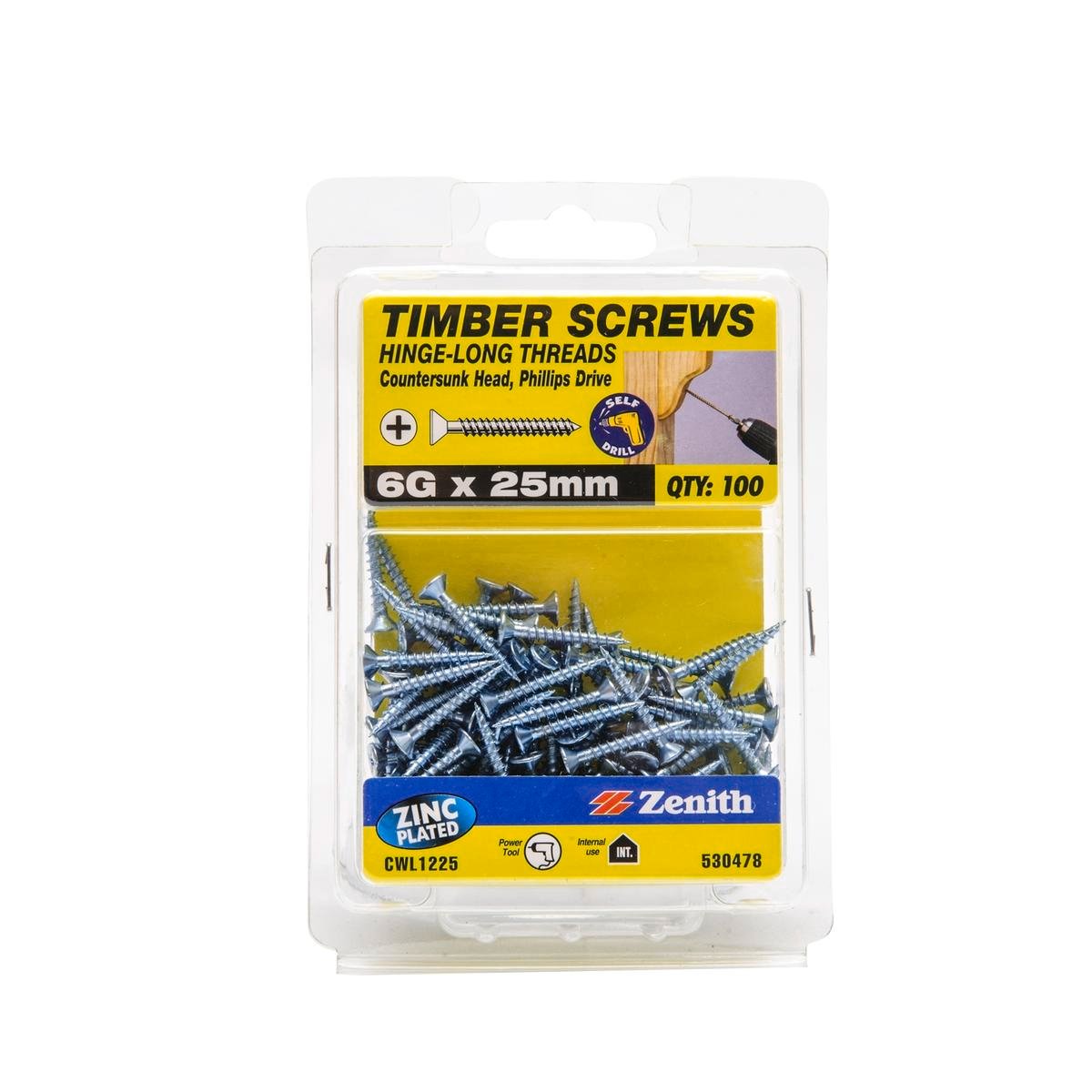 Zenith Timber Screws - 6g x 25mm - Zinc Plated - Countersunk Head - 100 Pack