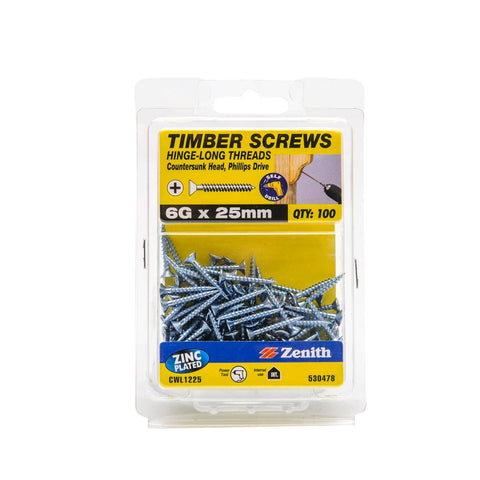 Zenith Timber Screws - 6g x 25mm - Zinc Plated - Countersunk Head - 100 Pack - SuperSaverAU - view 1