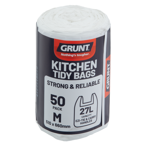 GRUNT 27L White Medium Kitchen Tidy Bags, 50 Pack, HDPE with Handles