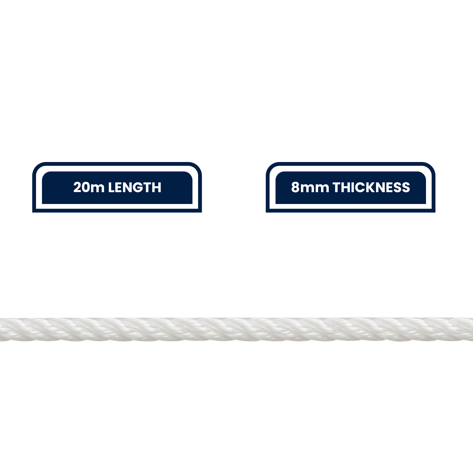 Grunt Super Silver 8mm x 20m Rope, White Twisted Polypropylene, Floats, 1000kg Break Strength