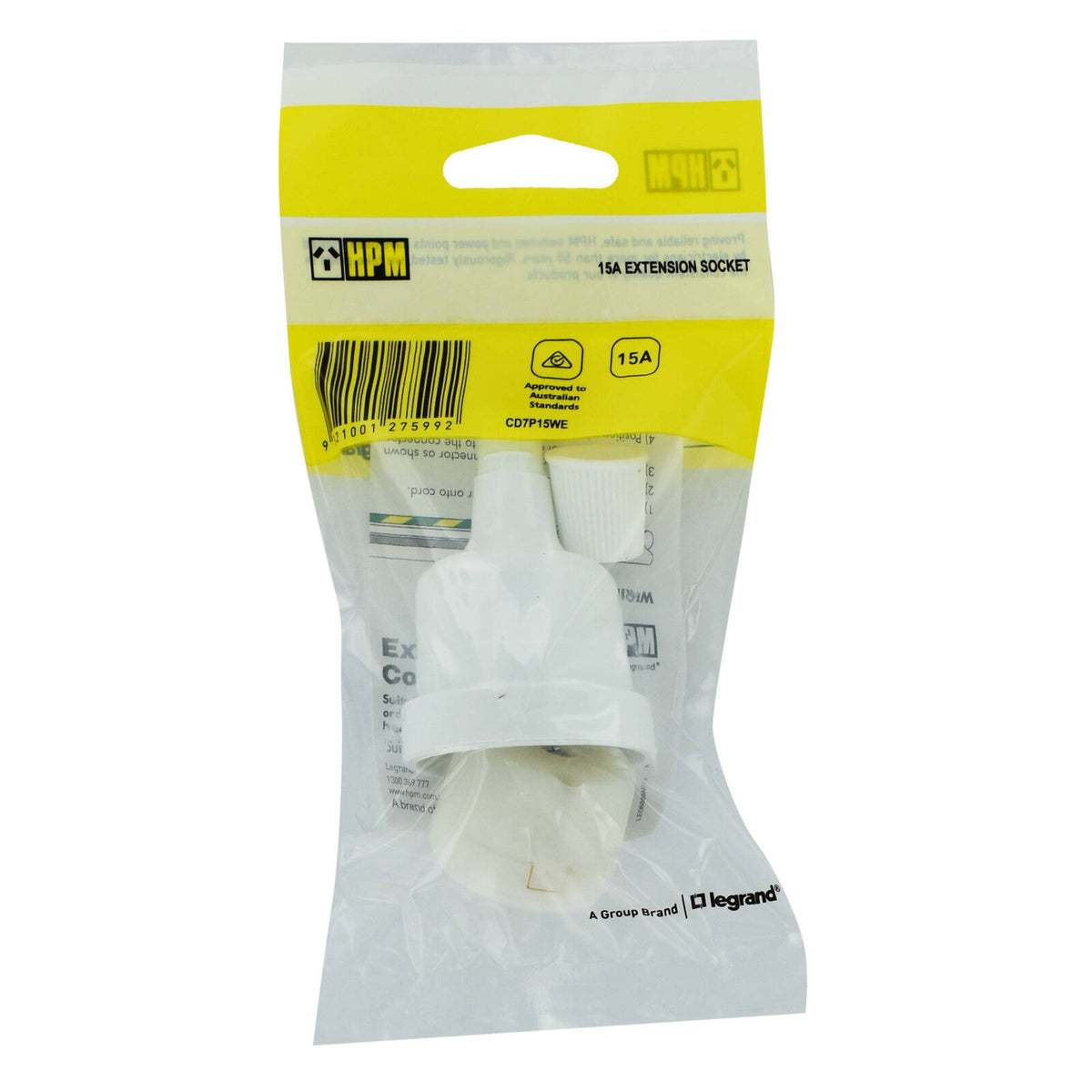 HPM 15A Extension Socket Plug, White 3 Pin Flat 240V