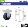 Easyroll 150mm Blue Elastic Rubber Heavy Duty Fixed Plate Castor 300kg