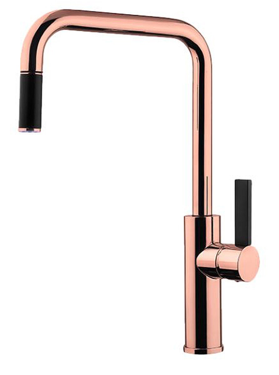 Armando Vicario Luz Kitchen Mixer with Pull-Out Tap - Rose Gold, Square Neck, Flat Lever - LUZ-RG