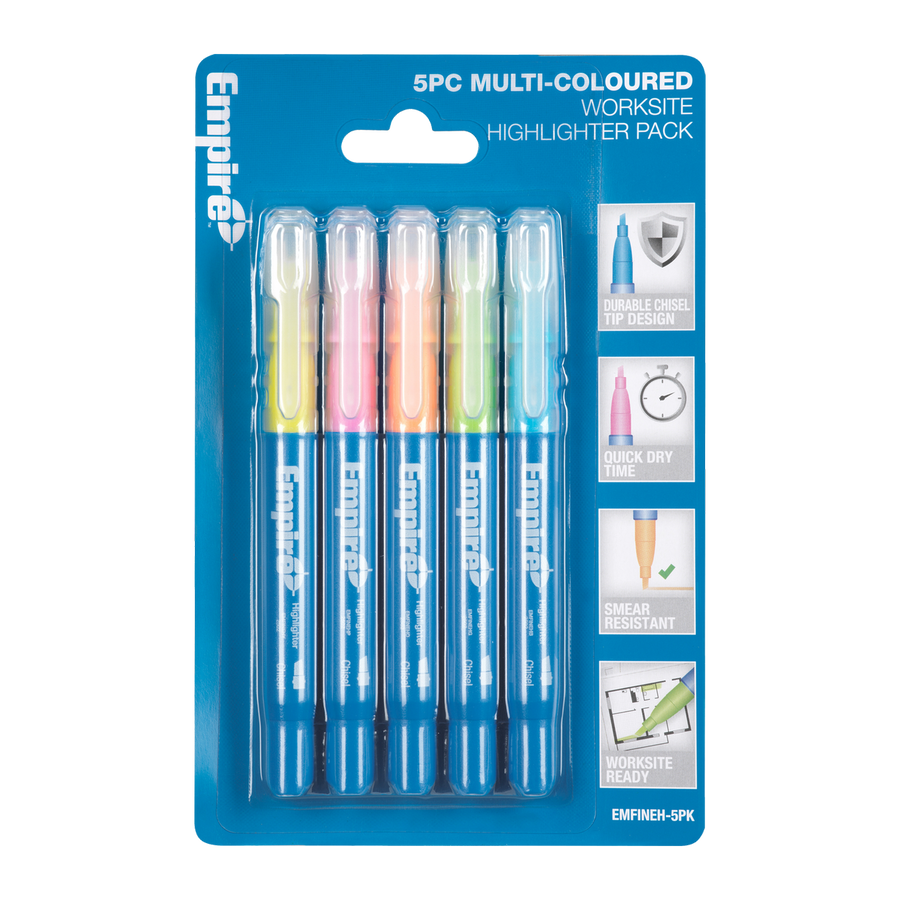 Empire 5 Piece Multi Coloured Highlighter Pack - 18.8mm x 186mm - Durable Ink - SuperSaverAU - view 1