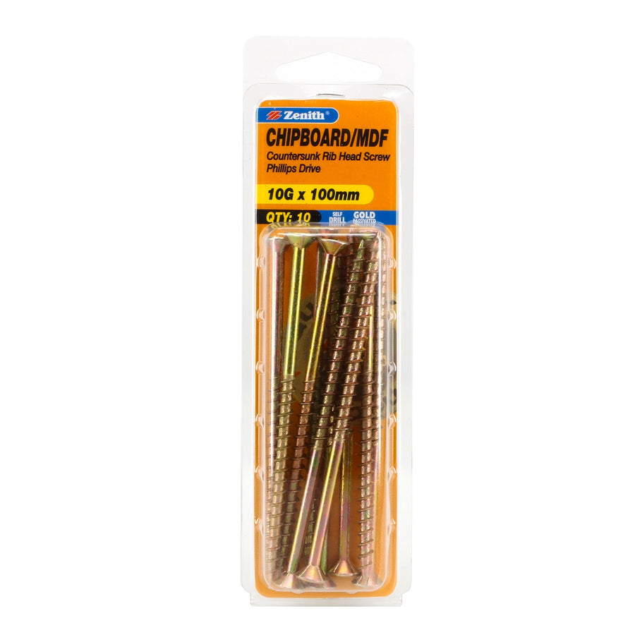 Zenith 10G x 100mm Gold Passivated Countersunk Rib Head Chipboard Screws 10 Pack
