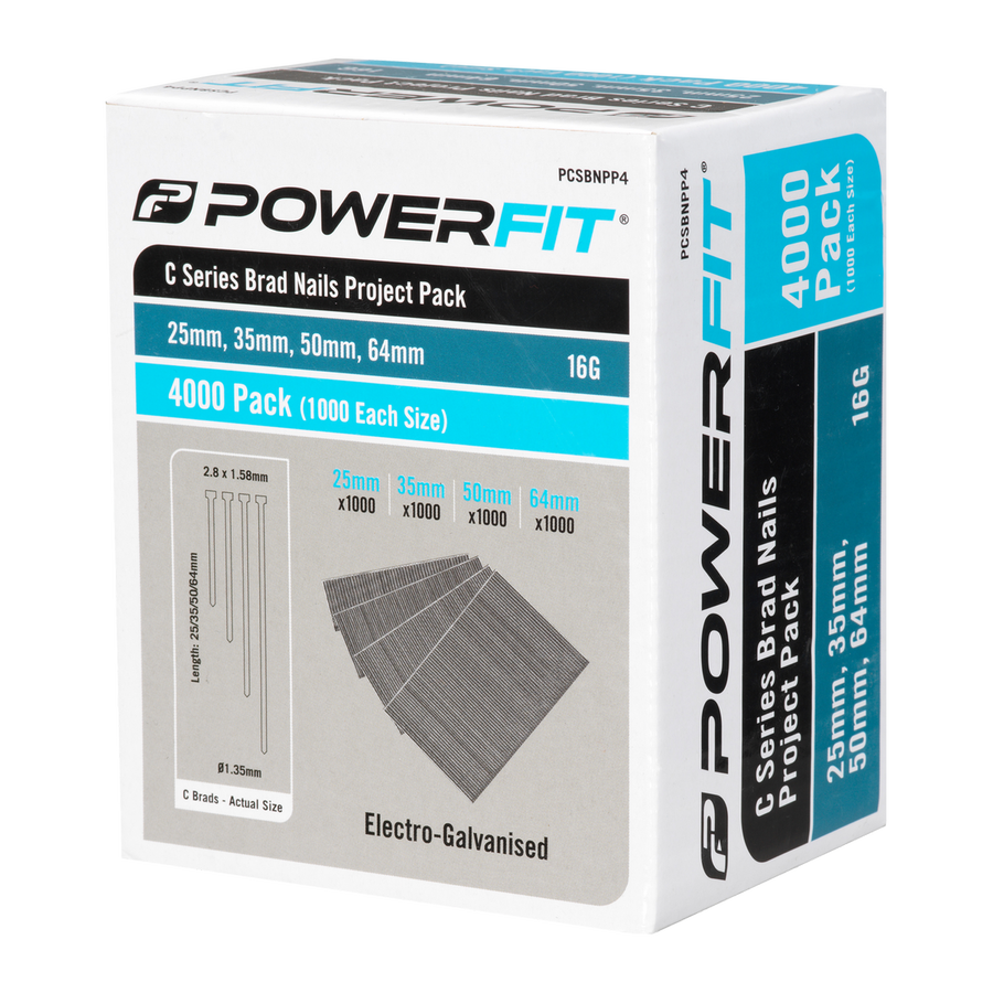 Powerfit C Series Brad Nails Project Pack - 4000 Nails - 25mm 35mm 50mm 64mm - Electro Galvanised - SuperSaverAU - view 1